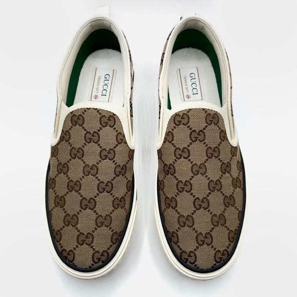 NEW Gucci Beige Tennis 1977 Canvas Monogram Logo Slip On Sneakers Trainers Shoes - Picture 3 of 11